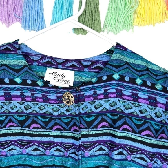 Lady Carol Vintage 80s 90s Pleated Short Sleeve Abstract Funky Shirt Mini Dress - Picture 7 of 16